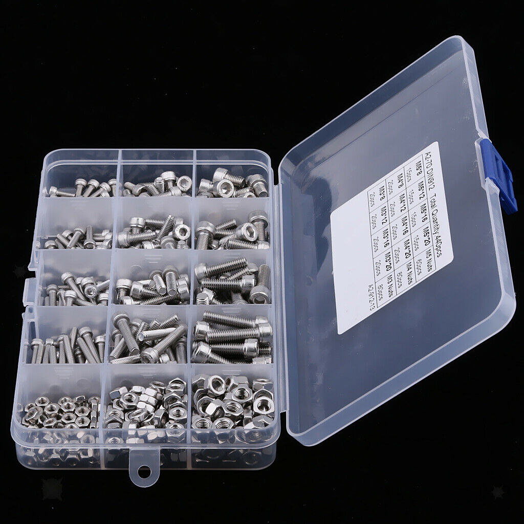 440pcs M3 M4 M5 Stainless Steel Hex Head Socket   Screws Nuts Assortment