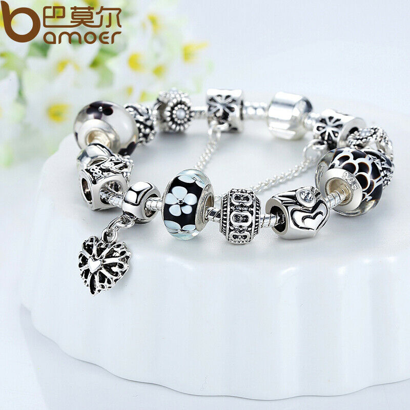 European DIY Charms Bracelet Christmas With Black Flowers Beads Women Jewelry