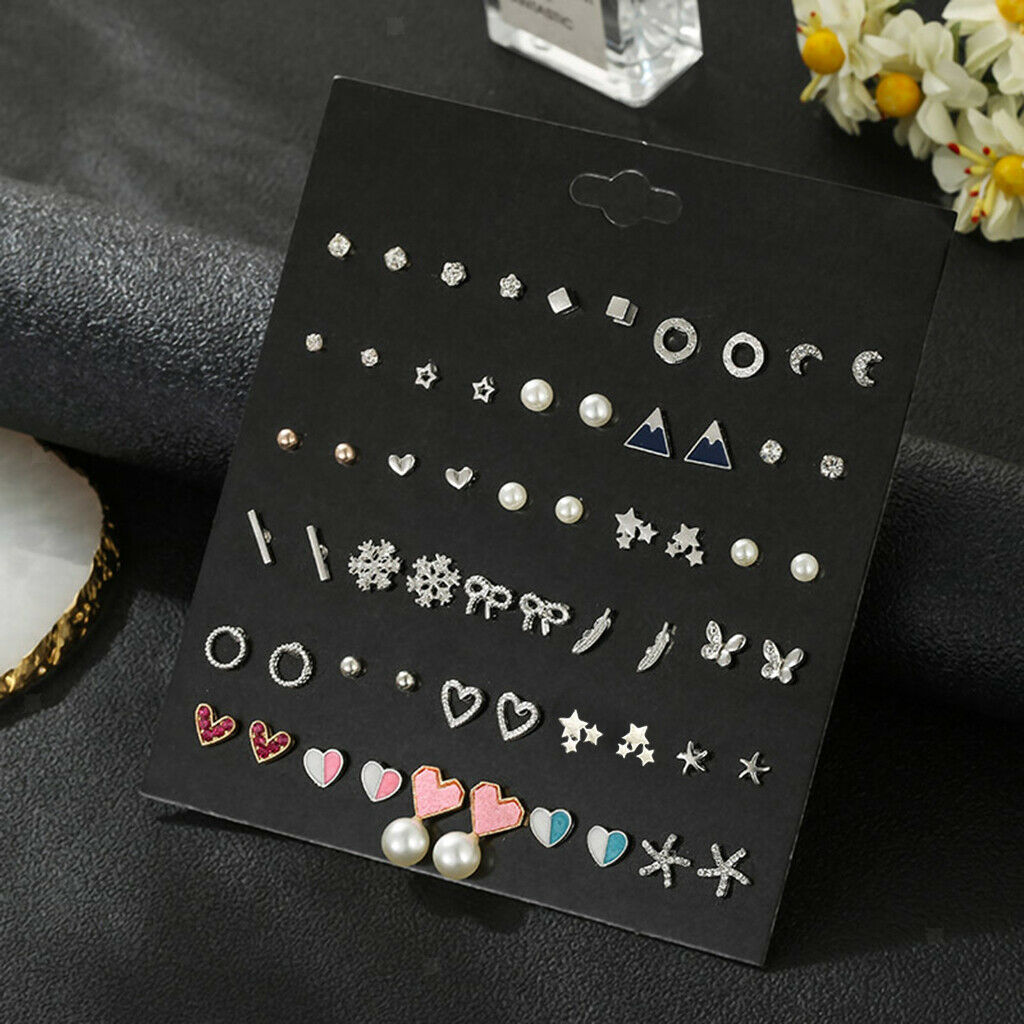 Set of 30 Female Casual Crystal Butterfly Moon Mixed Ear Studs Earrings Set
