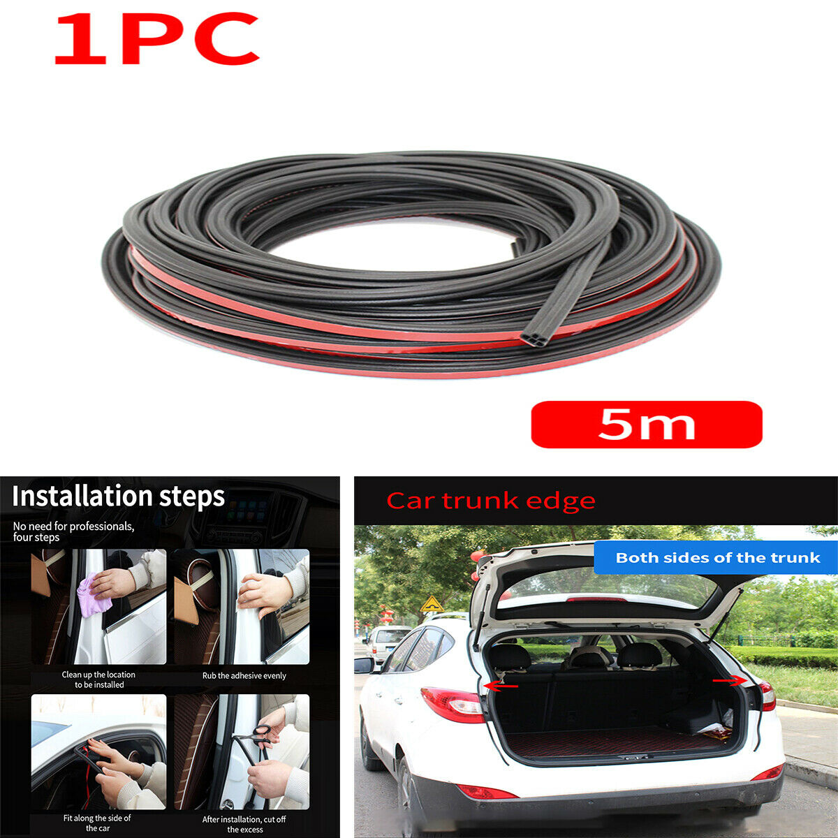 1PCS Black Car Door Double-layer L-shaped Rubber Sealing Strip Decorative Strip