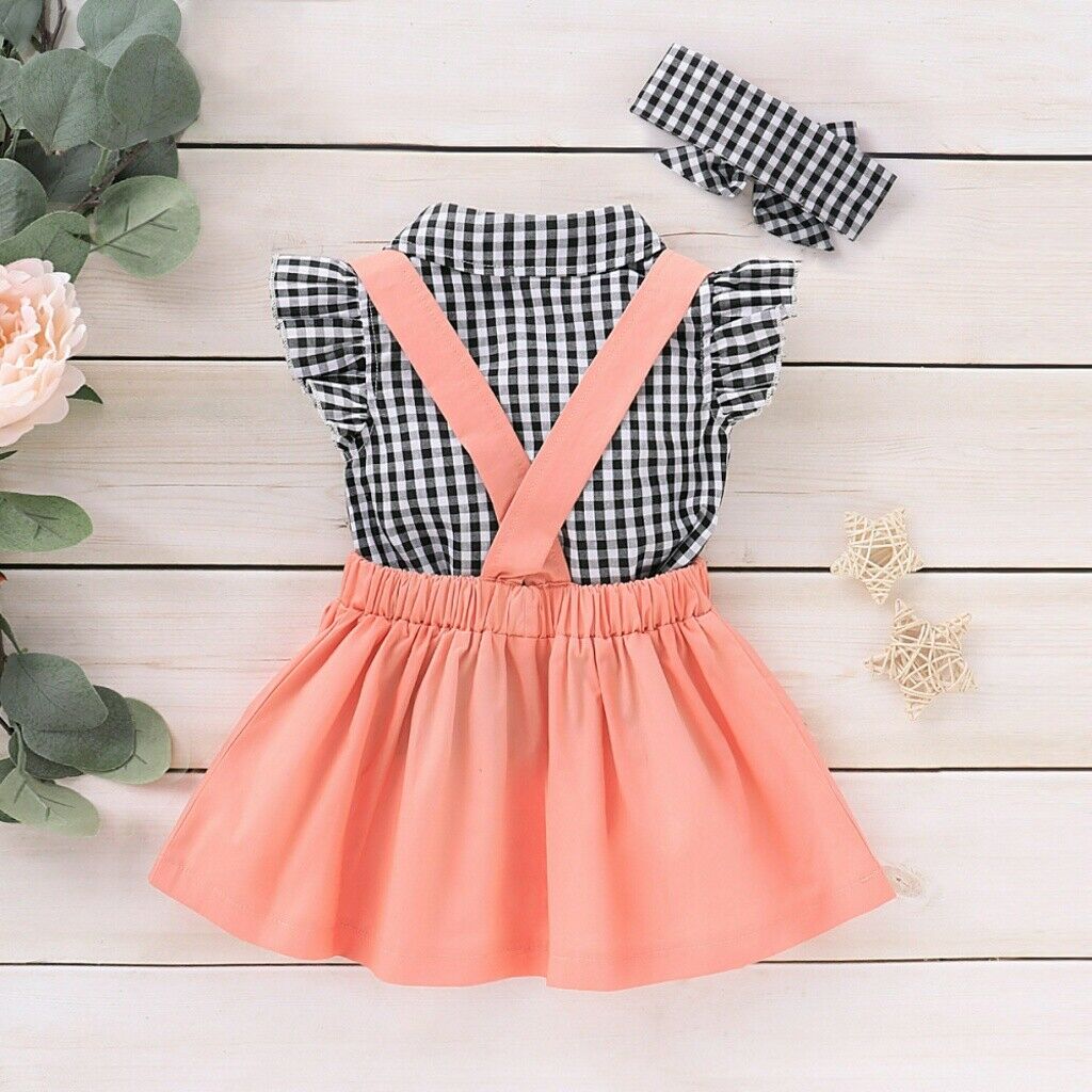 newBaby Girls Suit Plaid Shirt + Suspender Skirt + Headband Summer Clothing Set