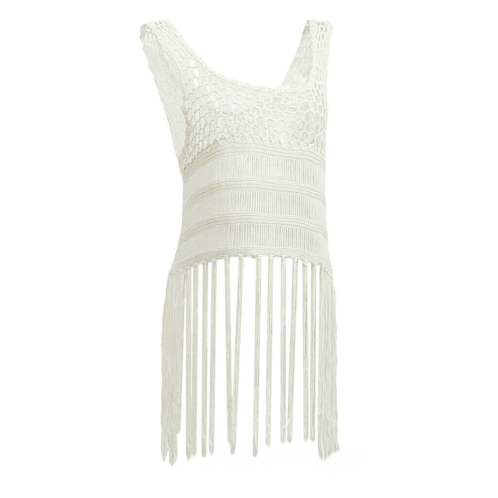 Women Crochet Knit Tank Camis Fringe Tassel Bikini Cover Ups Swimwear White