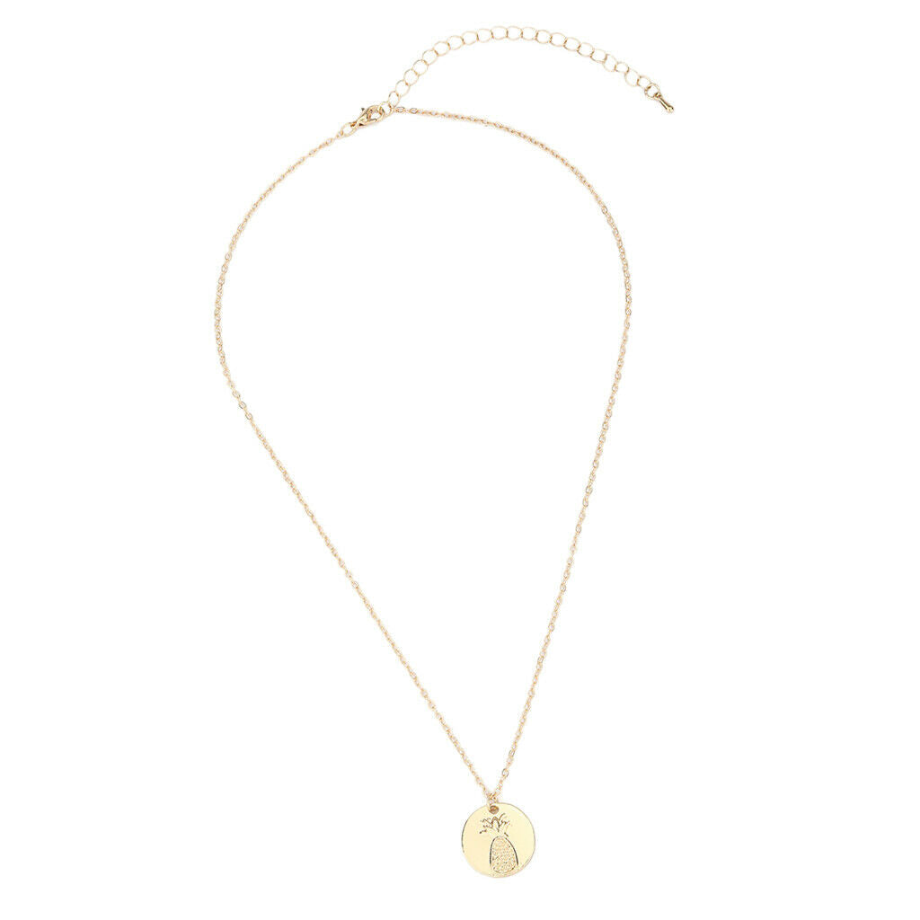Cricle Disc Pendant Necklace Engraved Pineapple Design Sweater Necklace