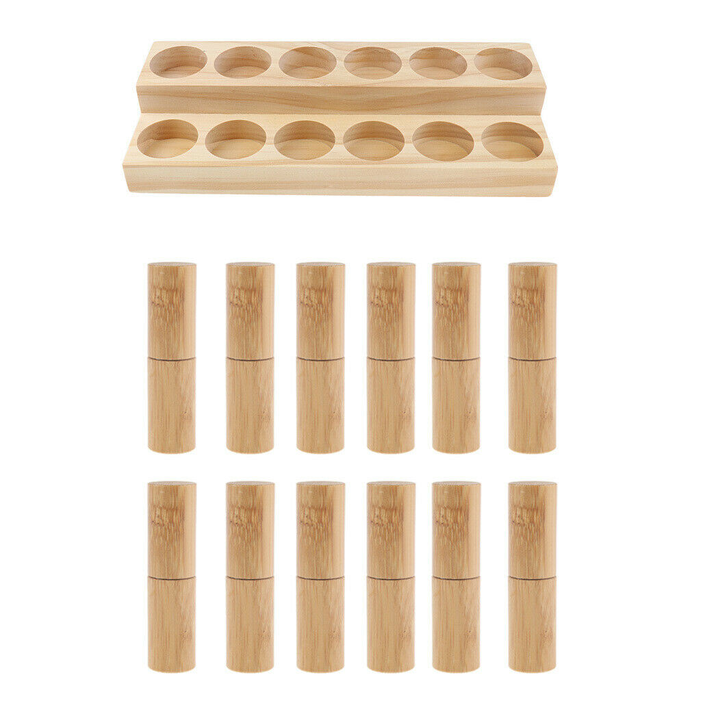 Wood Essential Oil Display Stand with 12 Roller Ball Refillable Bottle Kit