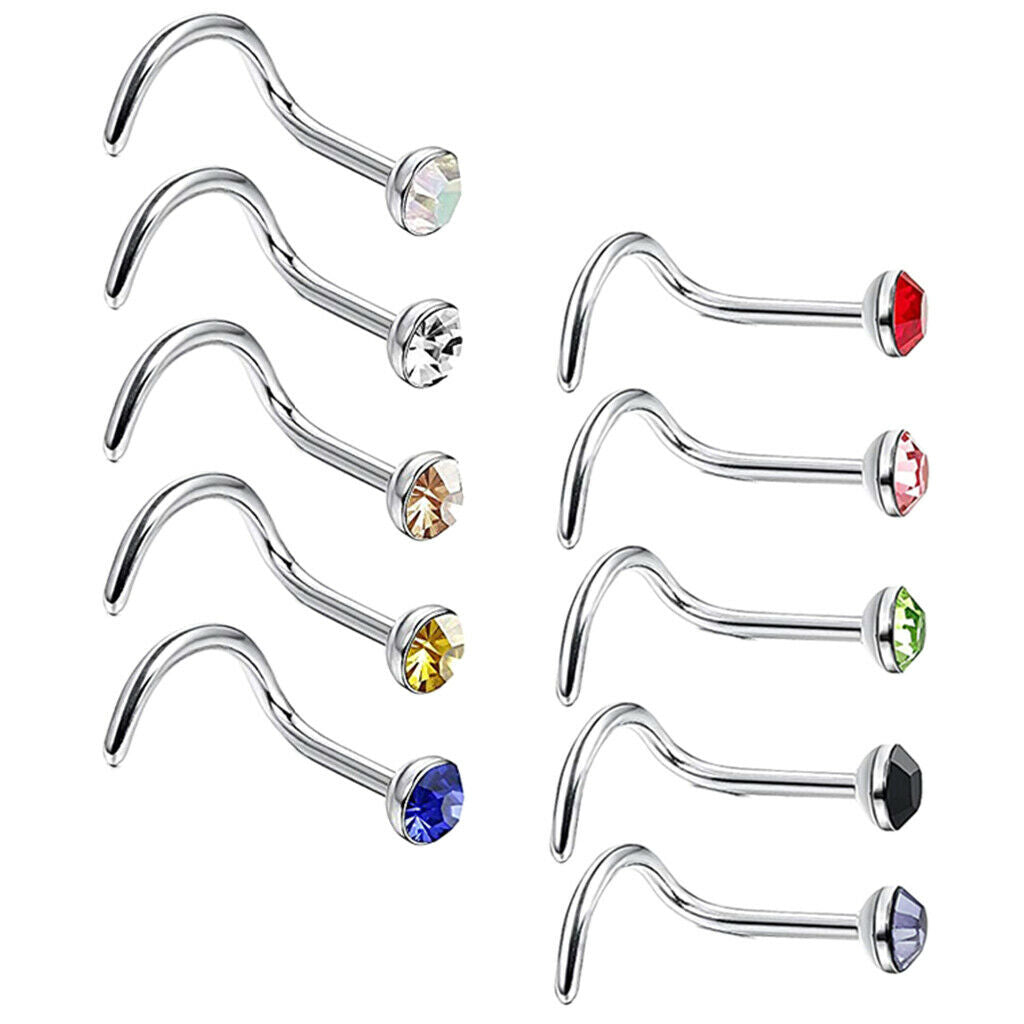 10pcs Rhinestone Stainless Steel Screw Shape Nose Studs Rings 20g 20g-3mm