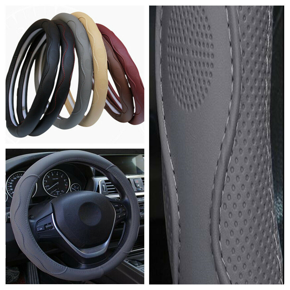 Grey Embossing Four Season Skid-proof Car Steering Wheel Cover No Distortion
