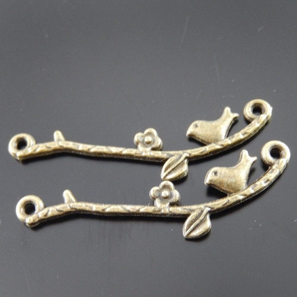 40 pcs Antiqued Bronze Bird Flower Branch Alloy Pendant Jewelry Connector 37*9mm