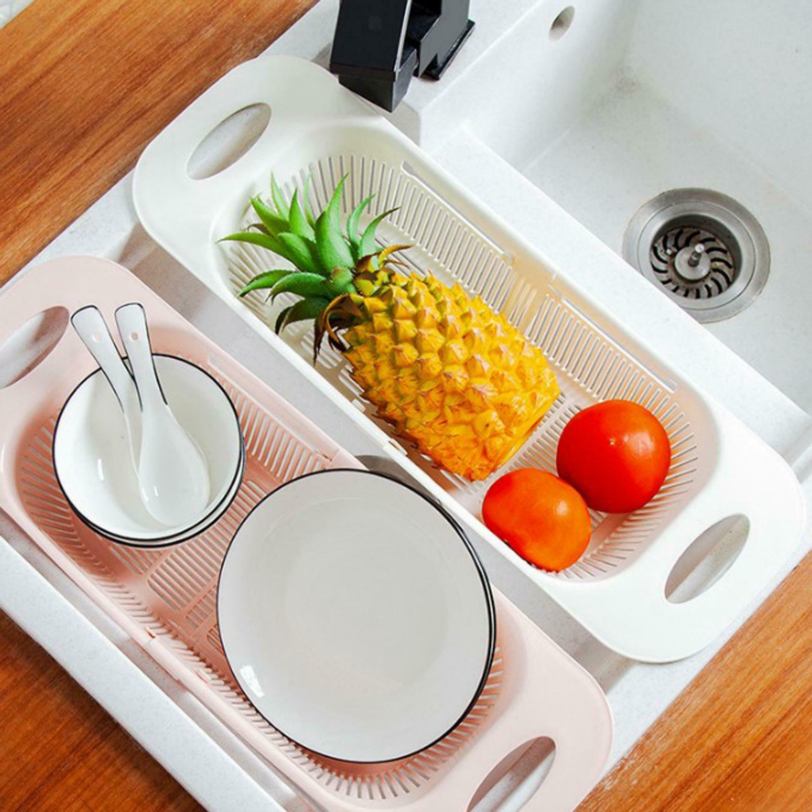 Over The Sink Colander Strainer Basket Wash Vegetable Fruit Extendable Pink
