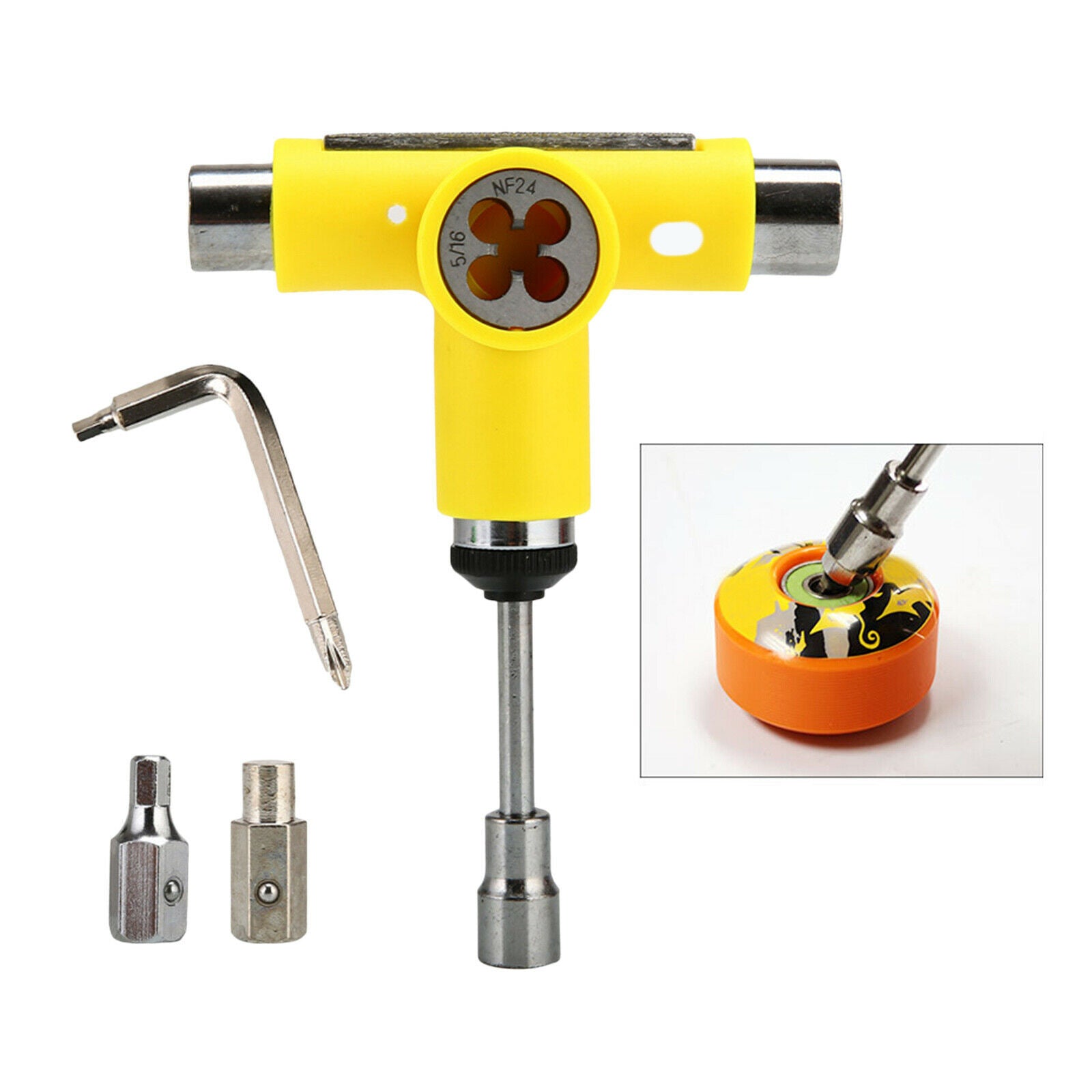 Multi Skateboard Roller Skate T Shape Tool Wrench with L Spanner Yellow