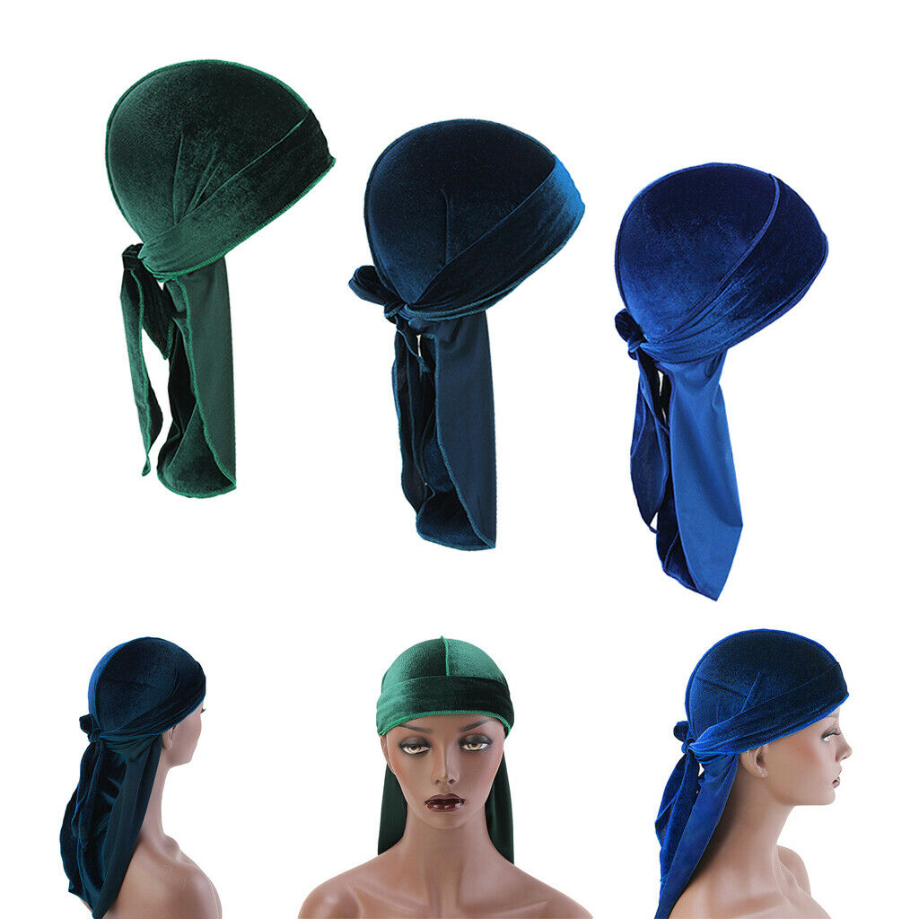 3x Women Mens Elegant Velvet Bandana Hat Long Tail Headwear Chemo Hats