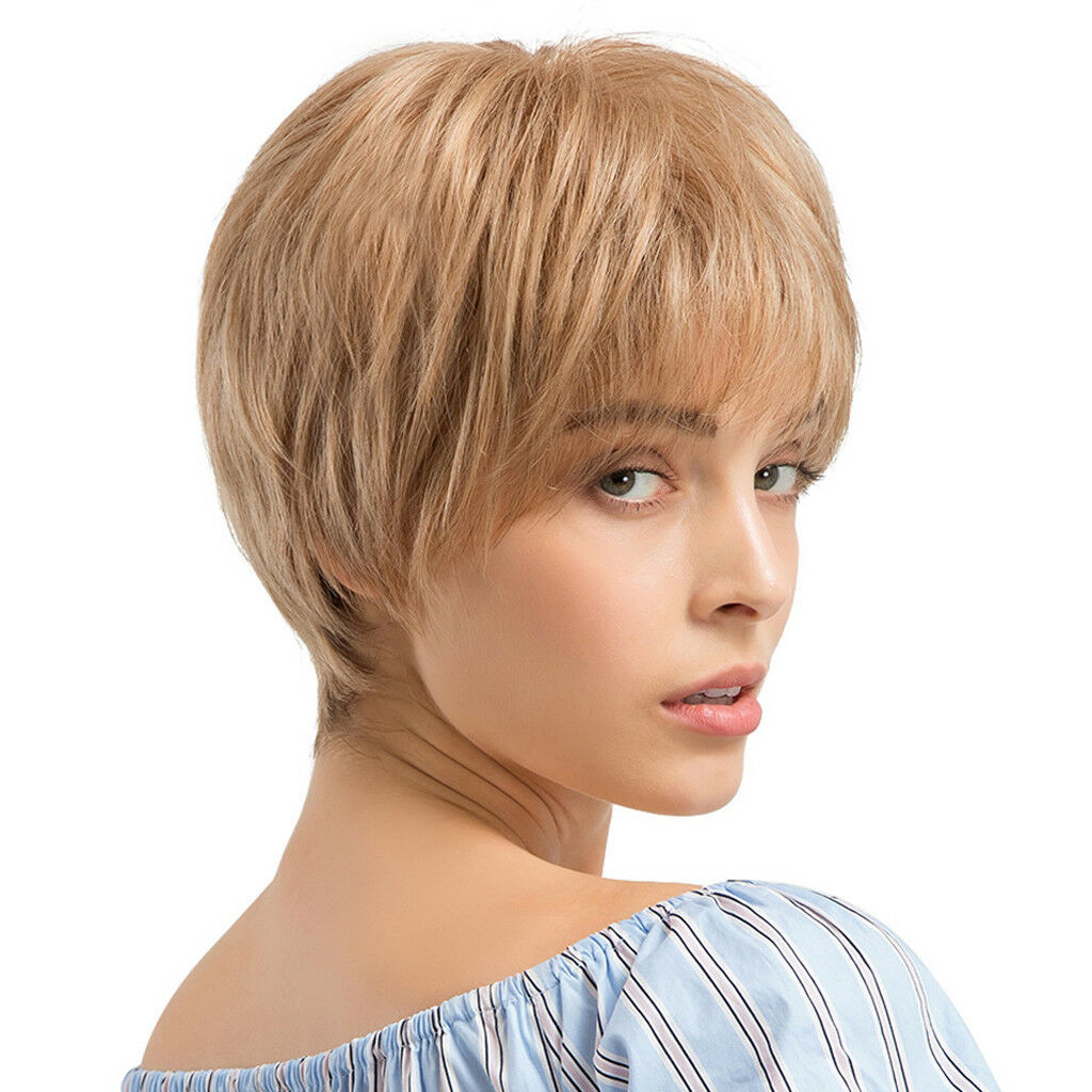 Natural Silky Human Hair Wigs Light Blonde Layered Short Women Wigs Full Wig
