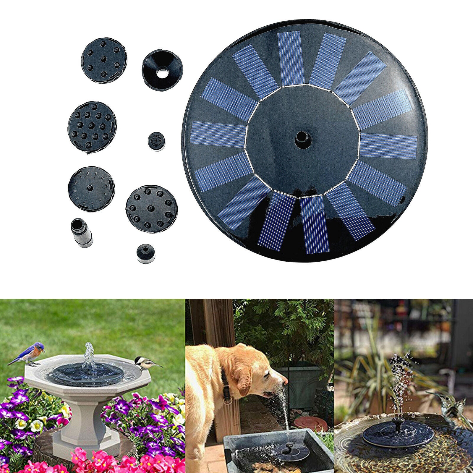 Solar Powered Floating Bird Bath Water Fountain Pump w/ 6 Nozzles Pond Patio