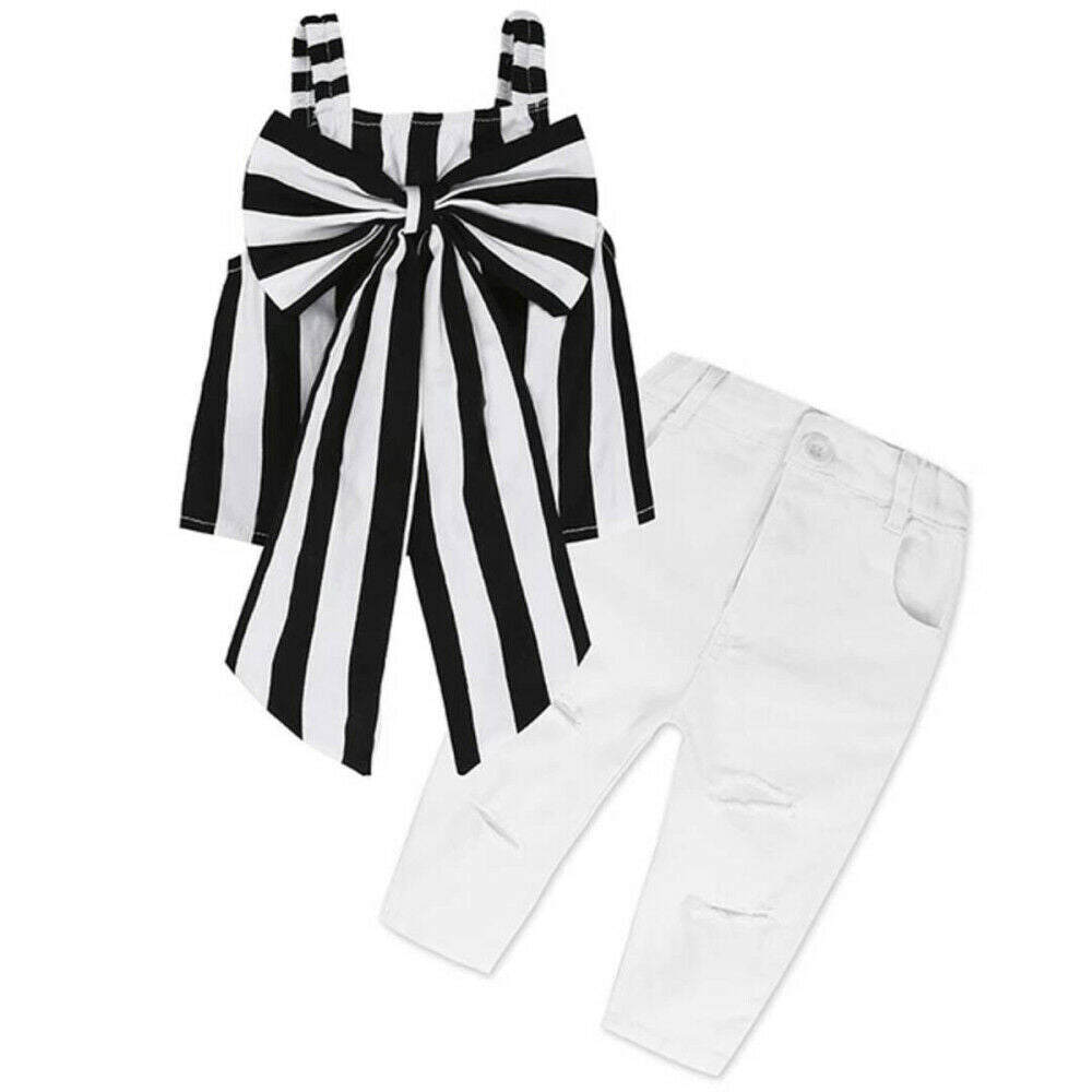 Kids Girls Little Vertical Stripes Print Big Bowknot Tank Top+ Pants Trousers