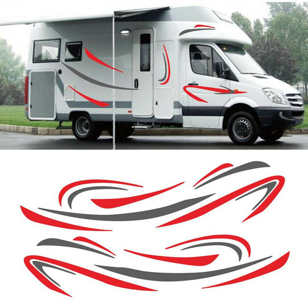 2x Red + Grey Car Stripes Graphics Decals Stickers For Caravan Trailer Camper RV