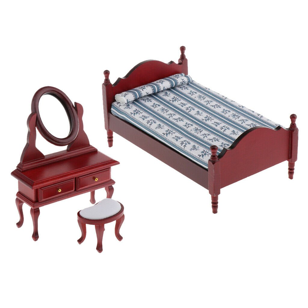 1/12 Mini Classic Single Bed Dressing Table Stool Set Bedroom Decoration