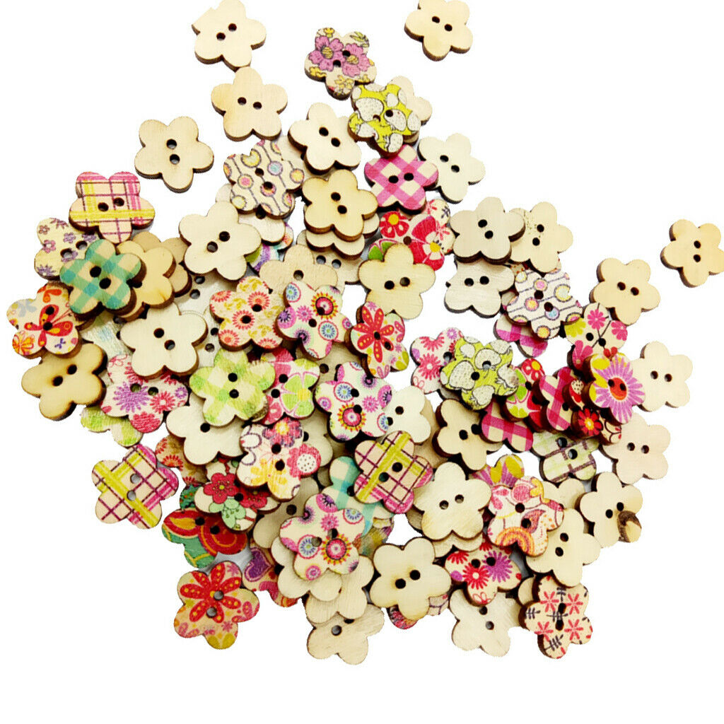 Lots 100 Wooden Flower Buttons w/ 2 Holes for Sewing, Craft DIY 12MM