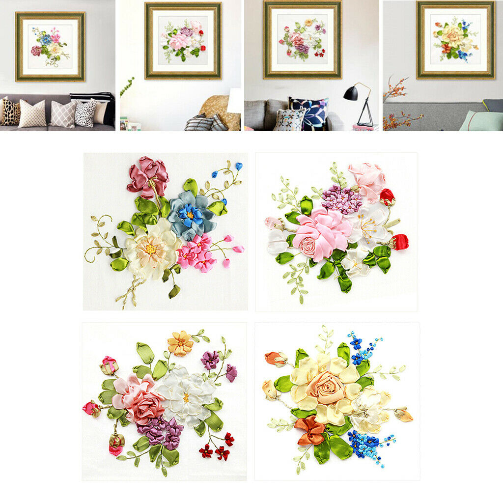 4pcs Silk Ribbon Embroidery Kits Cross Stitch Flower Patterned Housewarming Gift