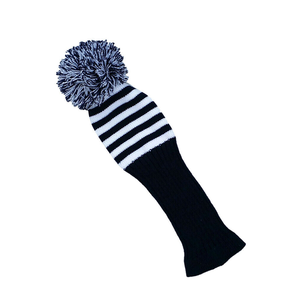 Hand Knit White Stripes Golf Club Cover Golf Pom Pom Socks Golf Accessories
