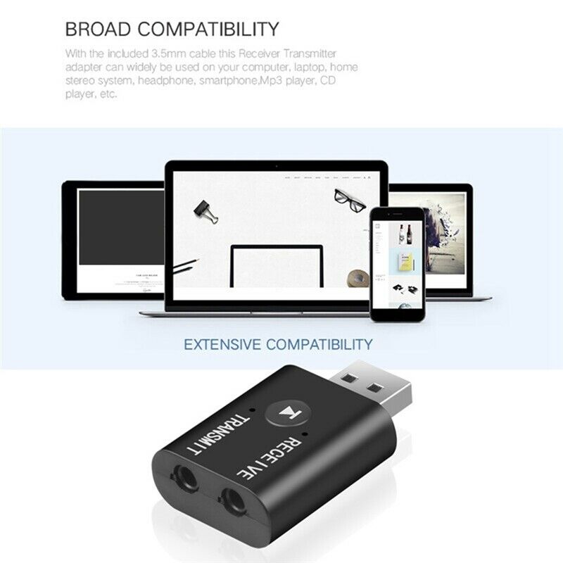 2Pcs Portable Bluetooth 5.0 Transmitter Receiver 3.5mm AUX USB Mini 2 in 1 WirY1