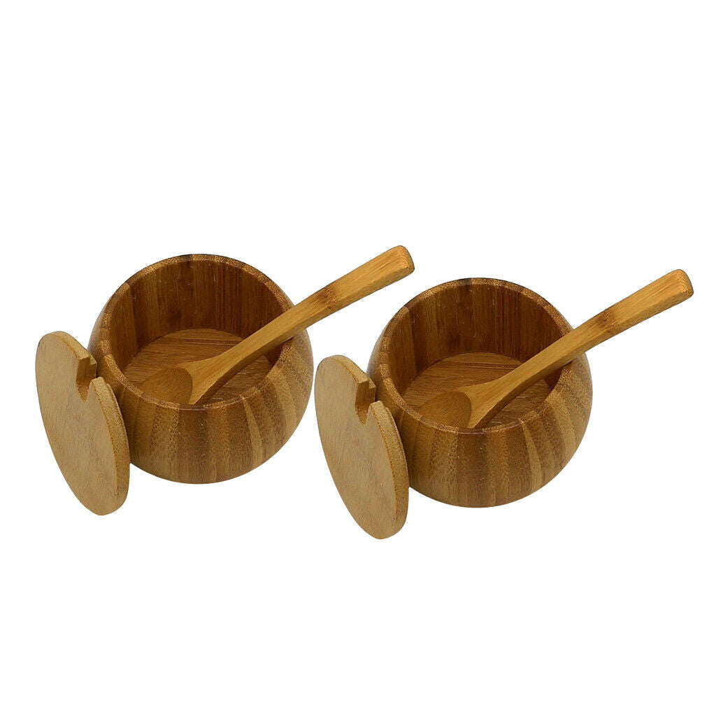 2Pcs Bamboo Wooden Spice Jar Sugar Bowl Pepper Seasoning Box with Spoon