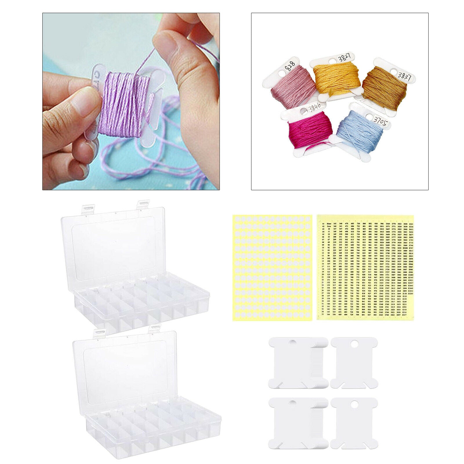 150 Embroidery Thread Bobbins Craft Set Cross Stitch Storage Box with Stickers