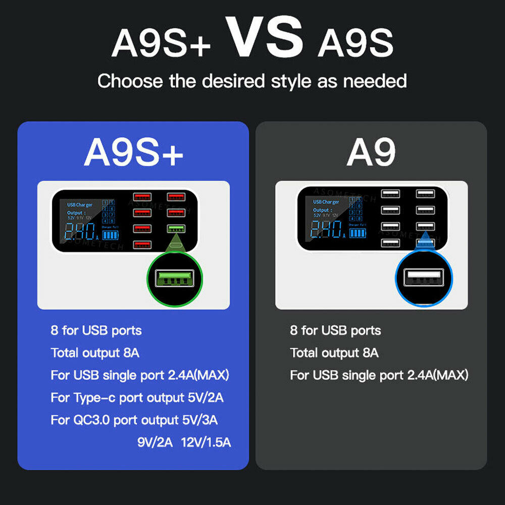 8-port 40W Fast Charging 3.0 USB Car Charger LCD Adapter for IOS Android System