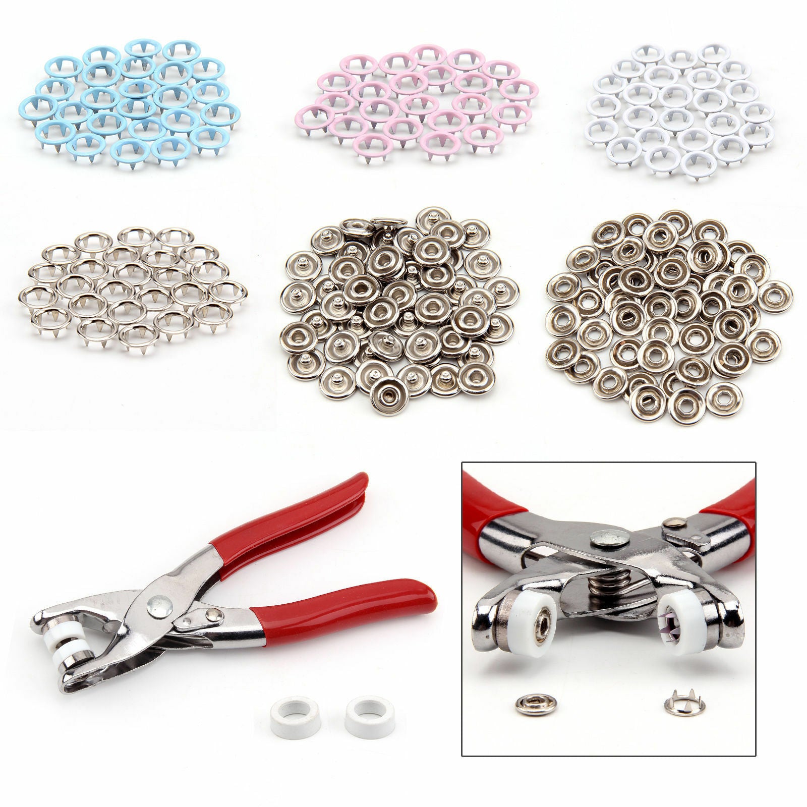Prong Pliers Ring Press Studs Snap Popper Fasteners 9.5mm DIY Tool Kit 100PCS
