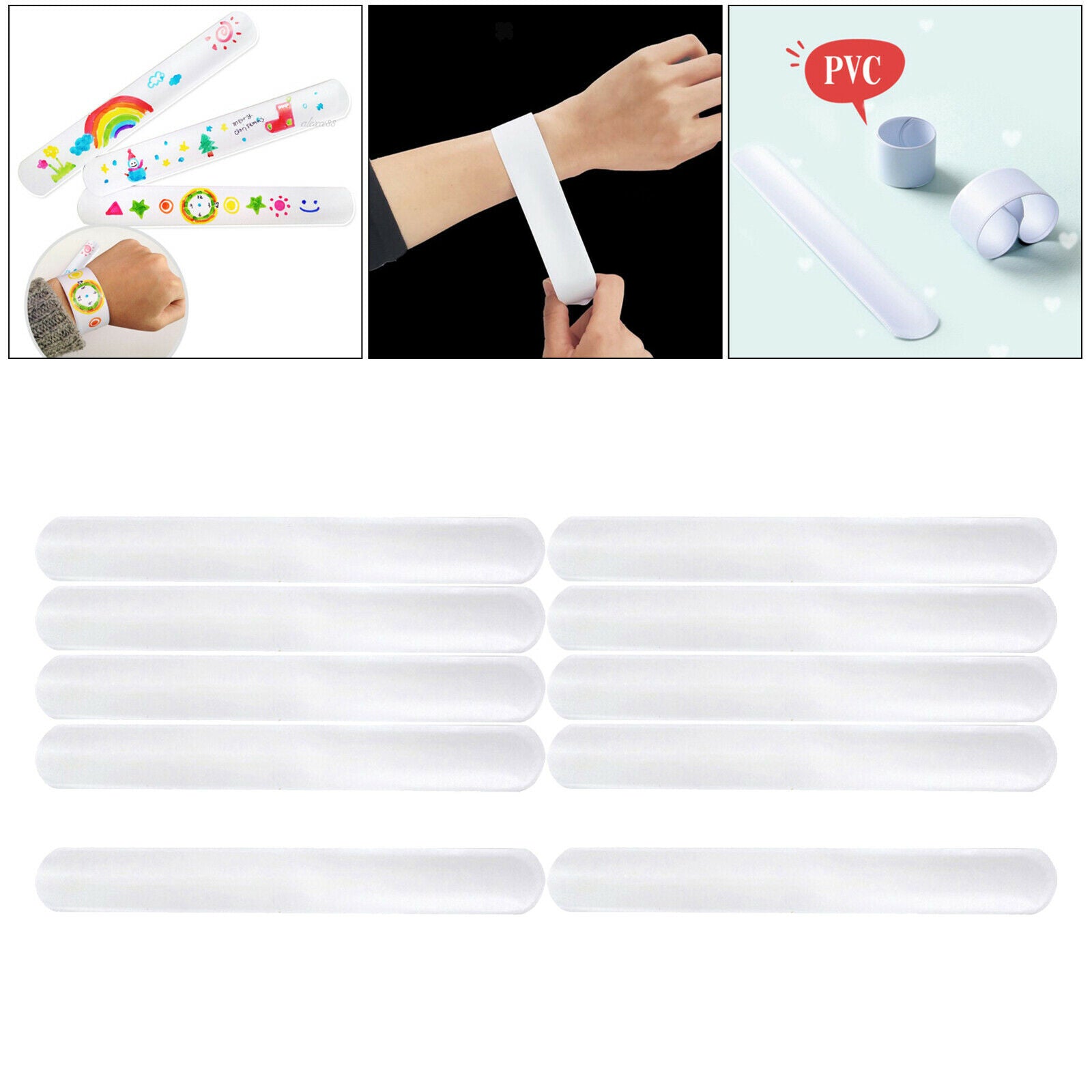 10 Pack White Slap Bracelet Band Painting Pat for Kids DIY Gift Birthday Party