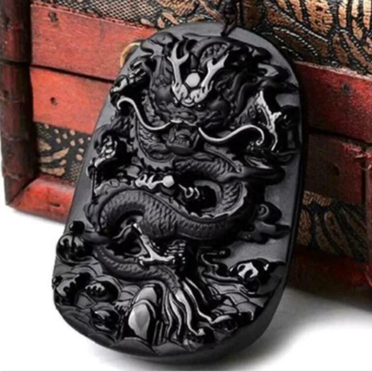 Natural Energy Stone Black Obsidian Chinese Dragon Lucky Amulet Necklace Pendant
