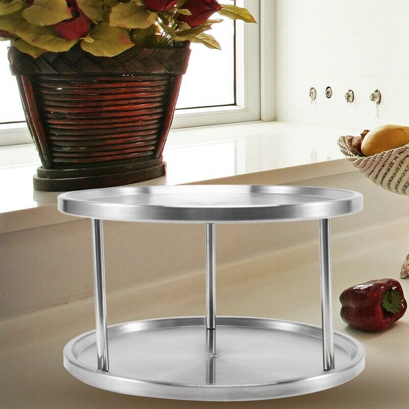 Spice Rack Stainless Steel Organizer Tray Turntable Rotating 2 Level Tabletop T8