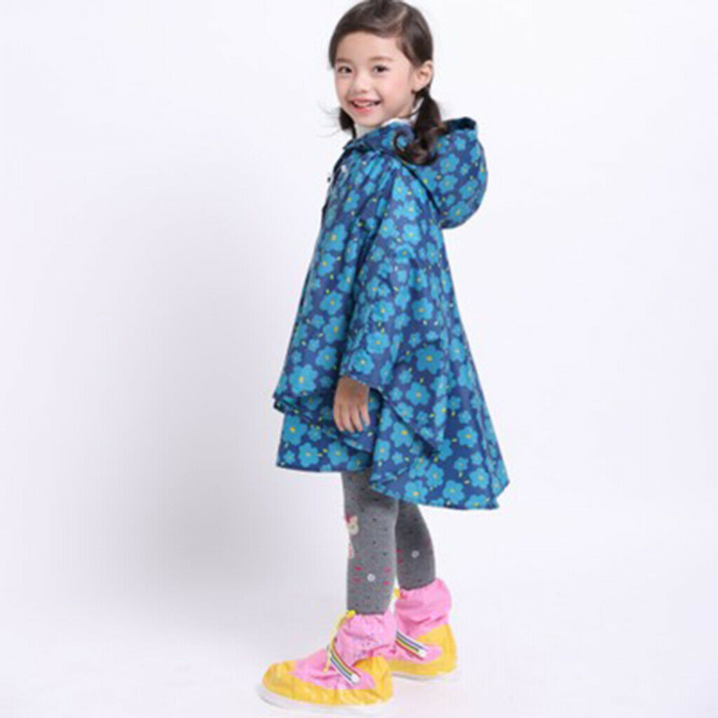 Reusable Hooded Raincoat Packable Rain Cover Folding Raincape Blue Flower S