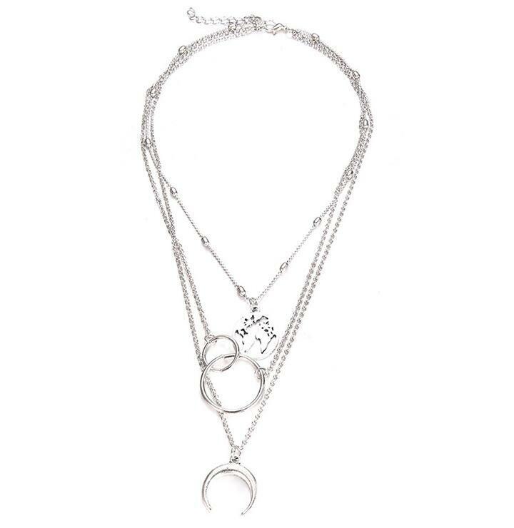 Women Fashion Moon World Map Circle Pendant Multilayer Necklace Jewelry Gifts