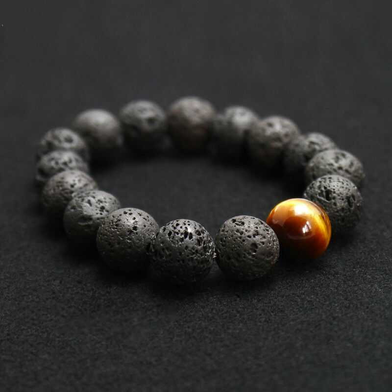 Men's Lava&Tiger Eye Stone Beads Ball Beaded Bracelet Gift Jewelry 12m