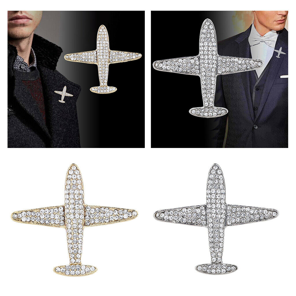 2Pieces Mens Airplane Brooch Lapel Corsage Crystal Rhinestion Badge Jewelry