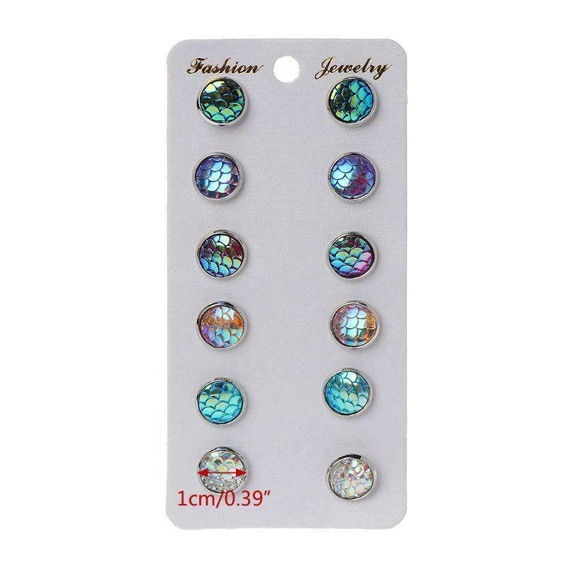6 Pairs Beauty Fish Scale Round Crystal Assorted Stud Earrings Set Women Jewelry