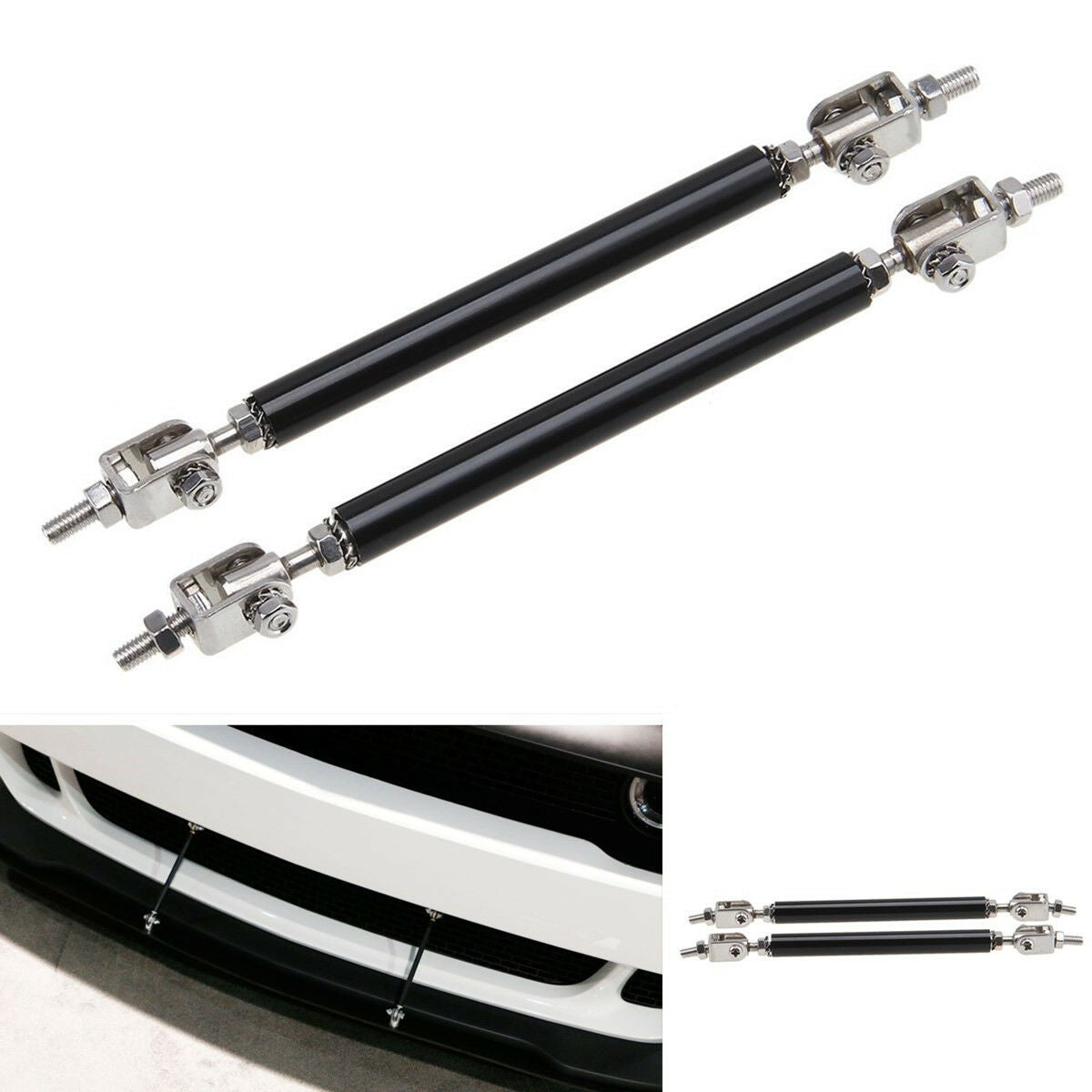2Pc Black Adjustable Car SUV Front Bumper Lip Splitter Strut Rod Tie Support Bar