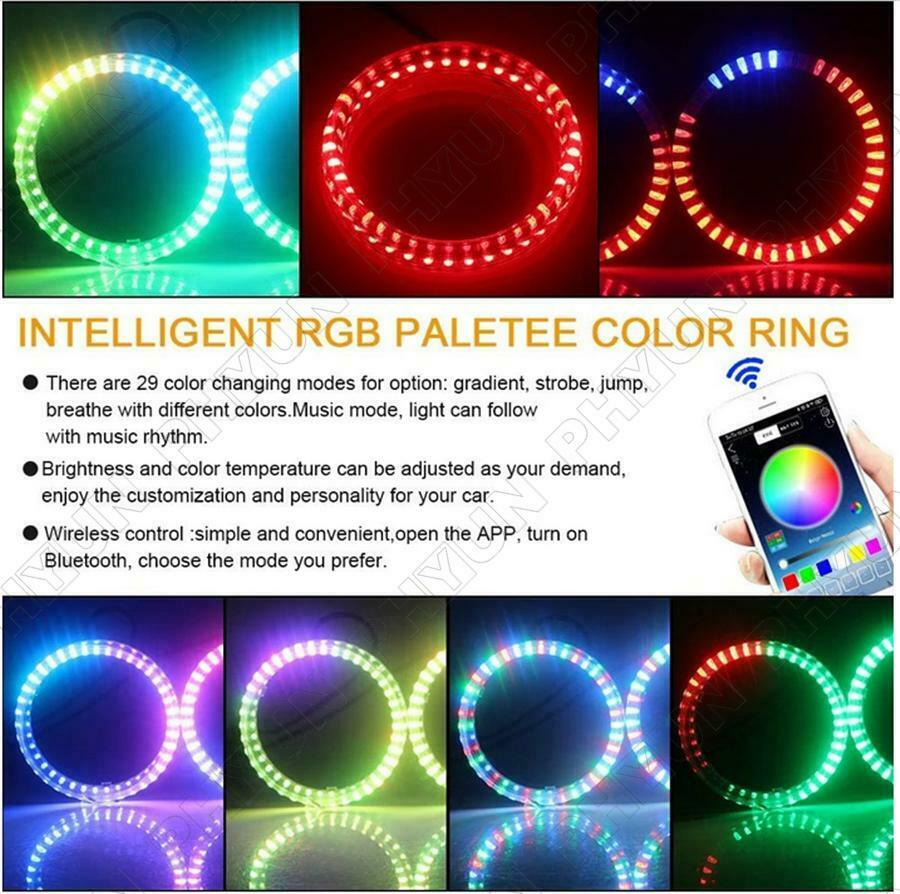 RGB LED Angel Eyes Lights Headlight w/ Halo Ring Protector Lens 95mm Universal