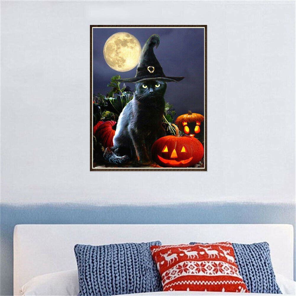 Halloween Black Cat 5D Full Drill Diamond Painting DIY Craft Cross Stitch @