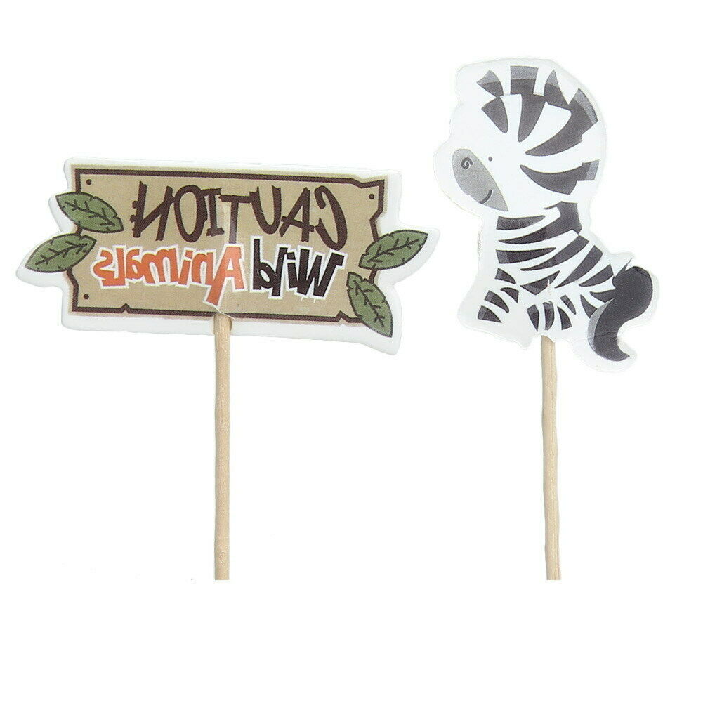 24pcs Cake Dessert Inserted Card with Zoo Animal Elephant Lion Pattern @