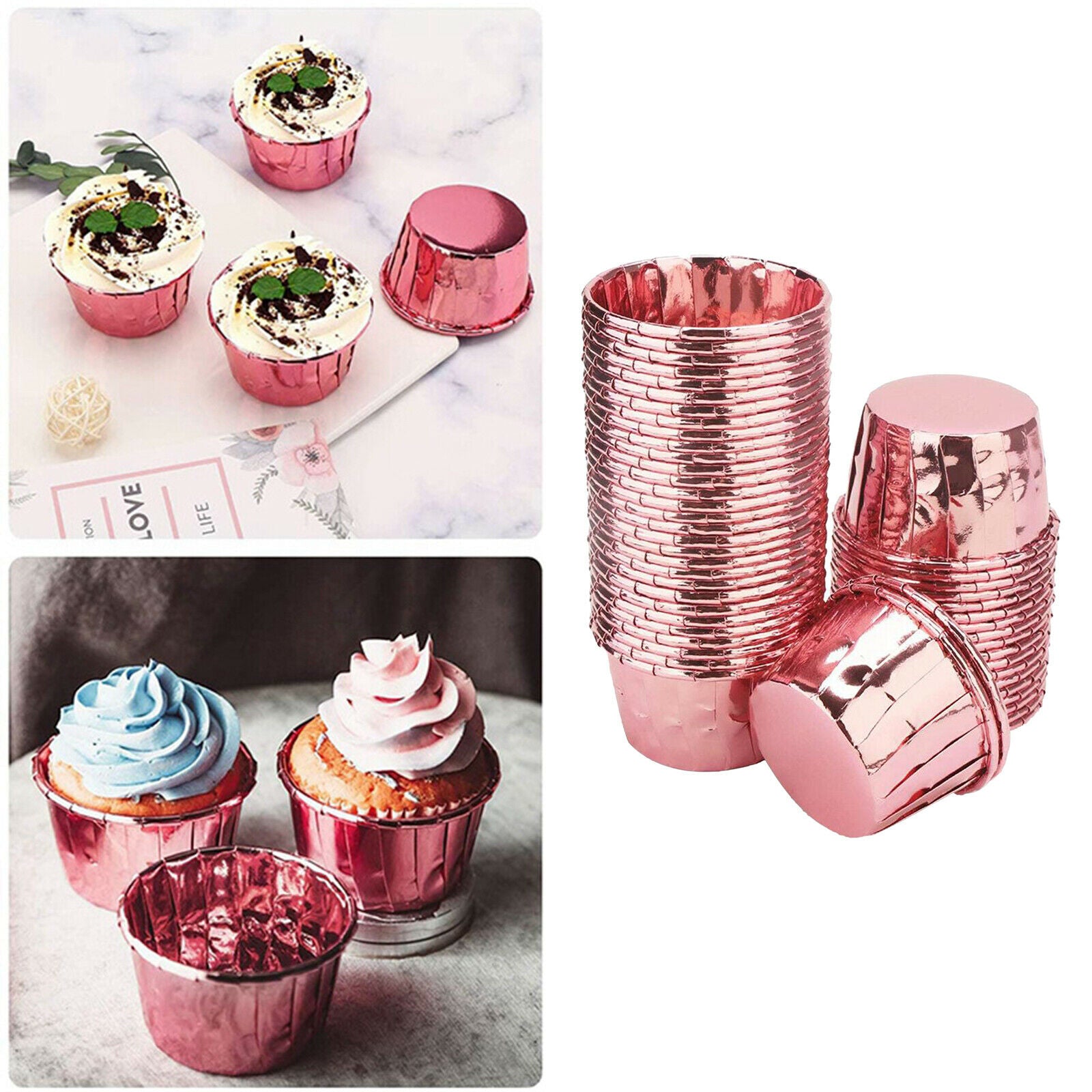 50x Foil Cup Cake Cases Cupcake Muffin Paper Baking Cups Wrappers Rose Pink