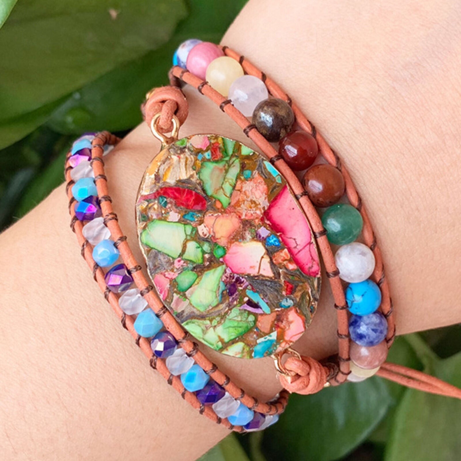 Chakra Colorful Copper Imperial Jasper Leather Wrap Boho Women Bracelet