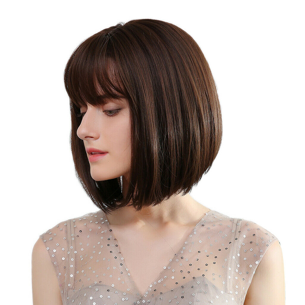 12'' Short Bob Wigs Costume Dating Party Full Wig with Neat Bangs Dark Brown