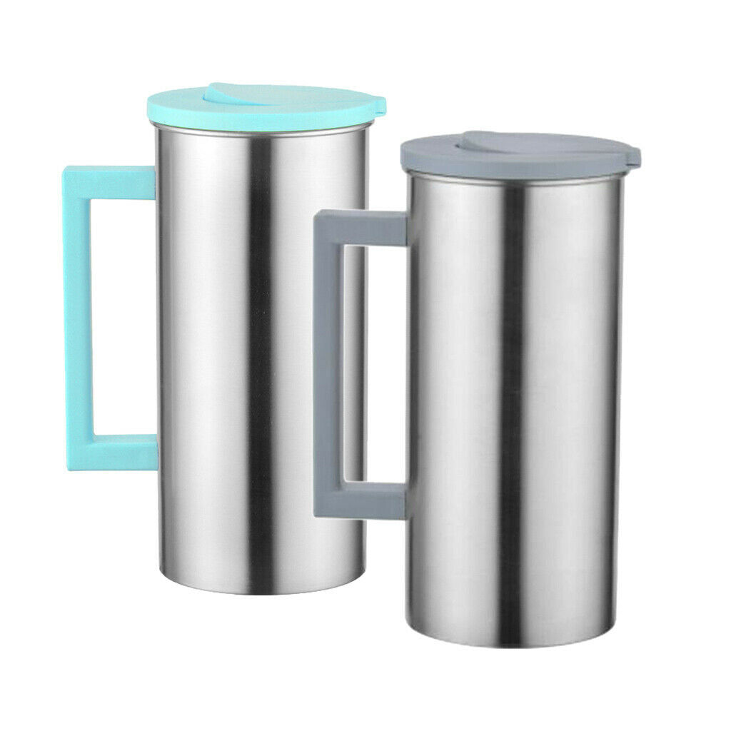 2 Pcs Stainless Steel 1.8L Water Pitcher Grey Juice Jar Kitchen Cafe Serving -