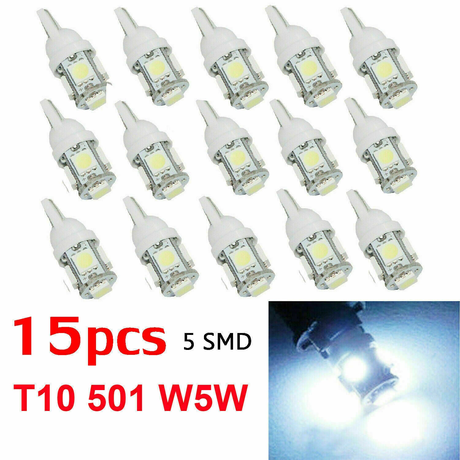 15Pcs Car T10 12V White LED 5050 5SMD Wedge Light Bulbs W5W 194 168 2825 158 192