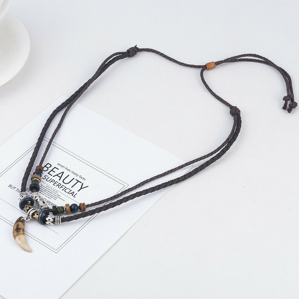 1PC Men's Bohemia Wolf Tooth Pendant Leather Beaded Weaved Necklace Jewelry Punk