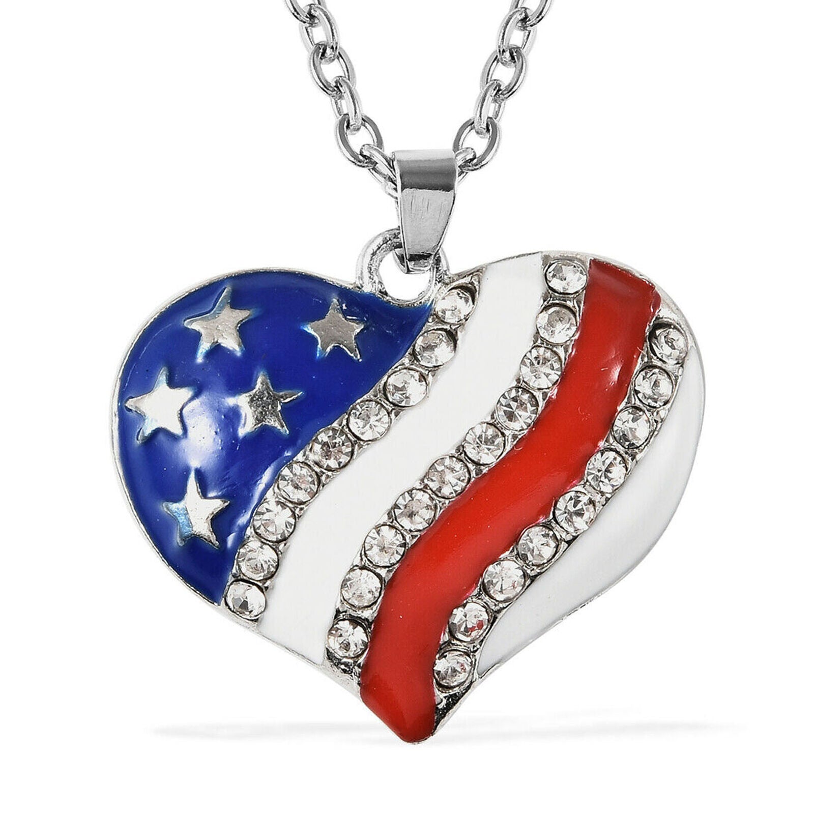 Crystal National Flag of America Theme Heart Pendant Necklace Gift Size 20"