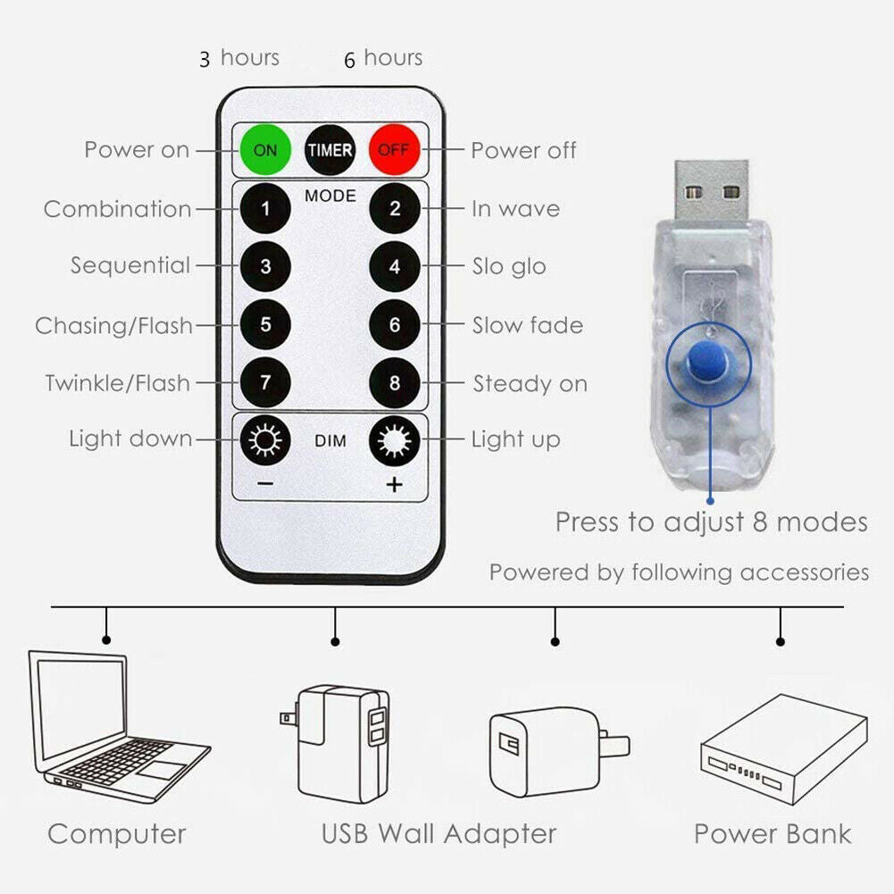 6m LED String Light 5V USB Powered Remote Control Warm White Fairy Garland @
