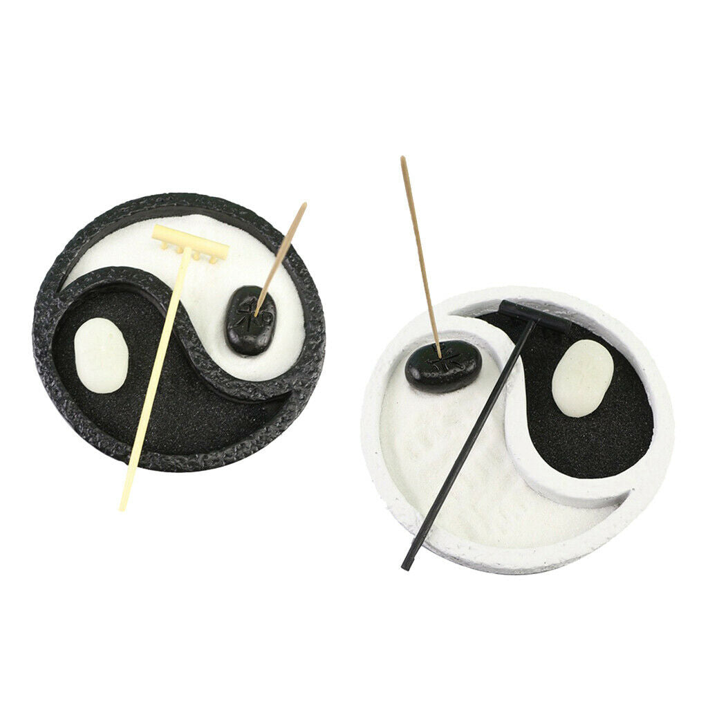 15cm Round Mini Yin Zen Garden w/Rake Desktop Meditating Sandbox Decor Black