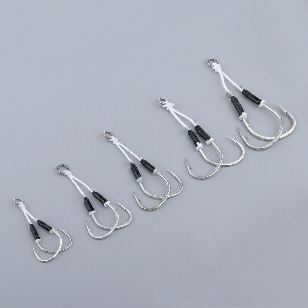 2 Pieces Carbon Steel Fishing Jig Hooks Barbed Assist Hooks with PE Line A