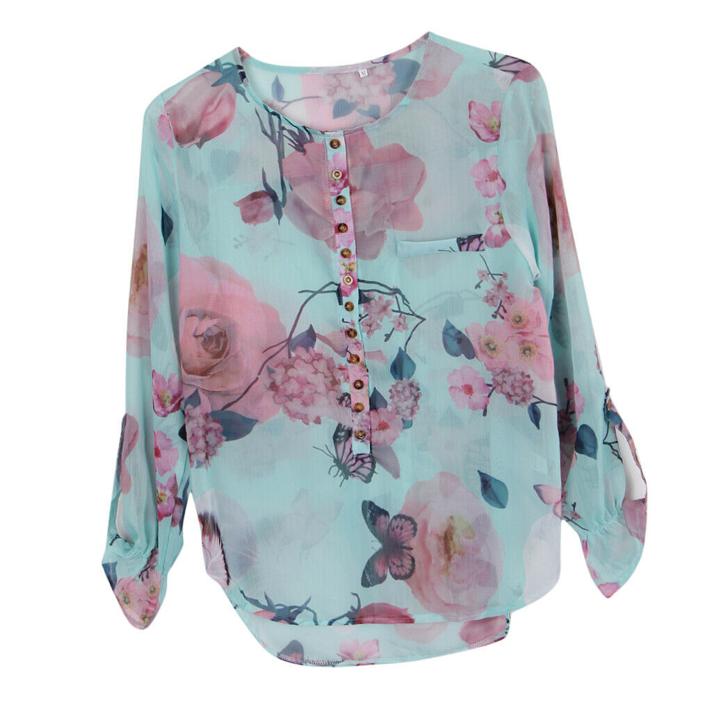 Plus Size Women Floral Butterfly Beach Button T-Shirt Chiffon Top 2XL Green